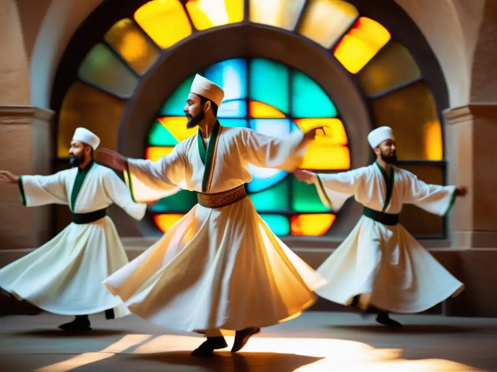 Danza de los Derviches: grupo girando en éxtasis espiritual bajo cálida luz dorada, revelando significado espiritual