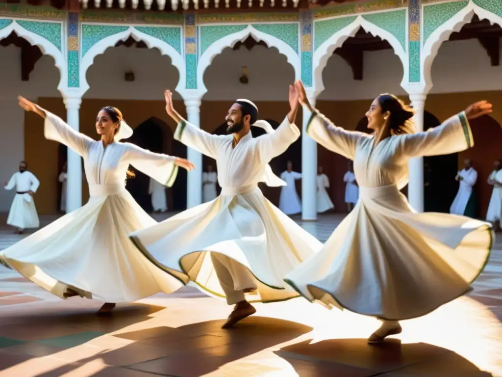 Danza Sufí: Derviches girando en un patio soleado, expresando un profundo significado cultural con movimientos fluidos y espirituales