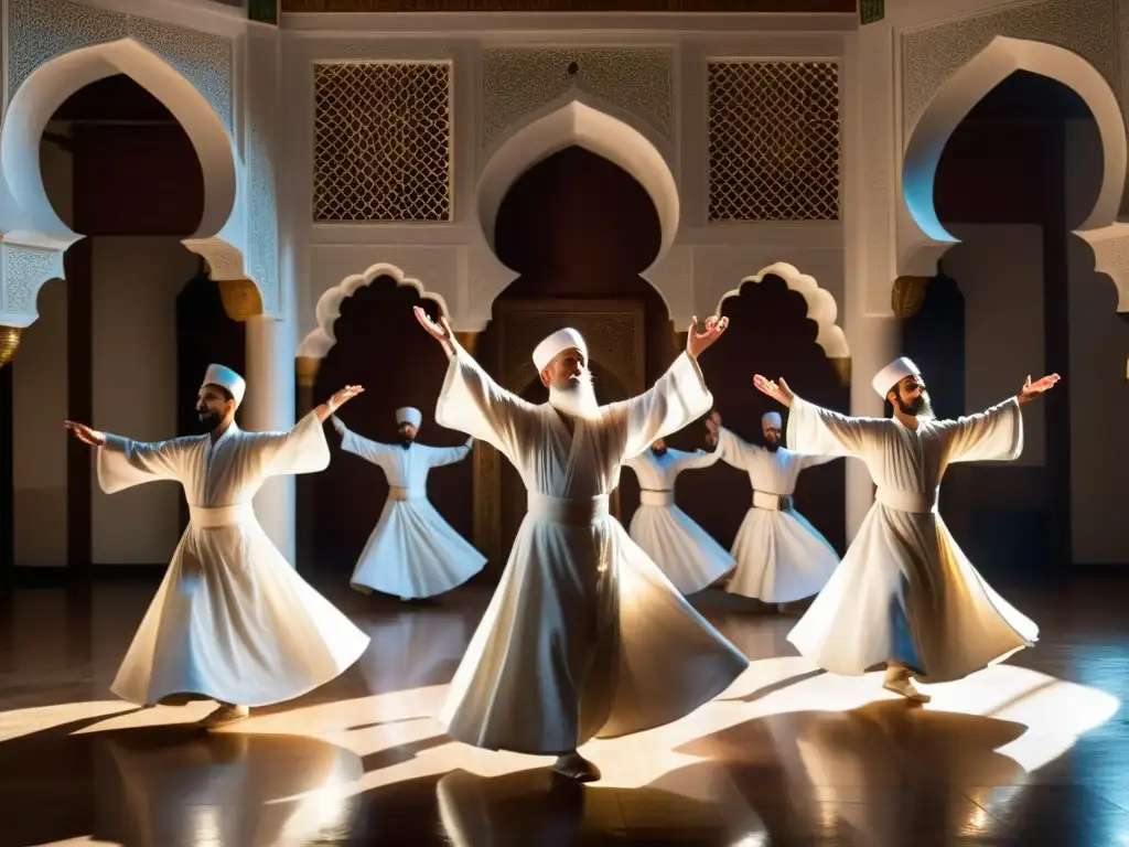 Danza Sufí: derviches girando en túnicas blancas en una habitación con arcos y azulejos, evocando trascendencia espiritual y significado cultural