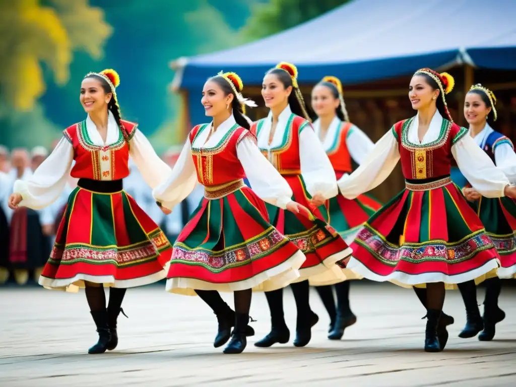 Danza búlgara festival Koprivshtitsa: Detallada imagen de una vibrante actuación con coloridos trajes y movimientos expresivos