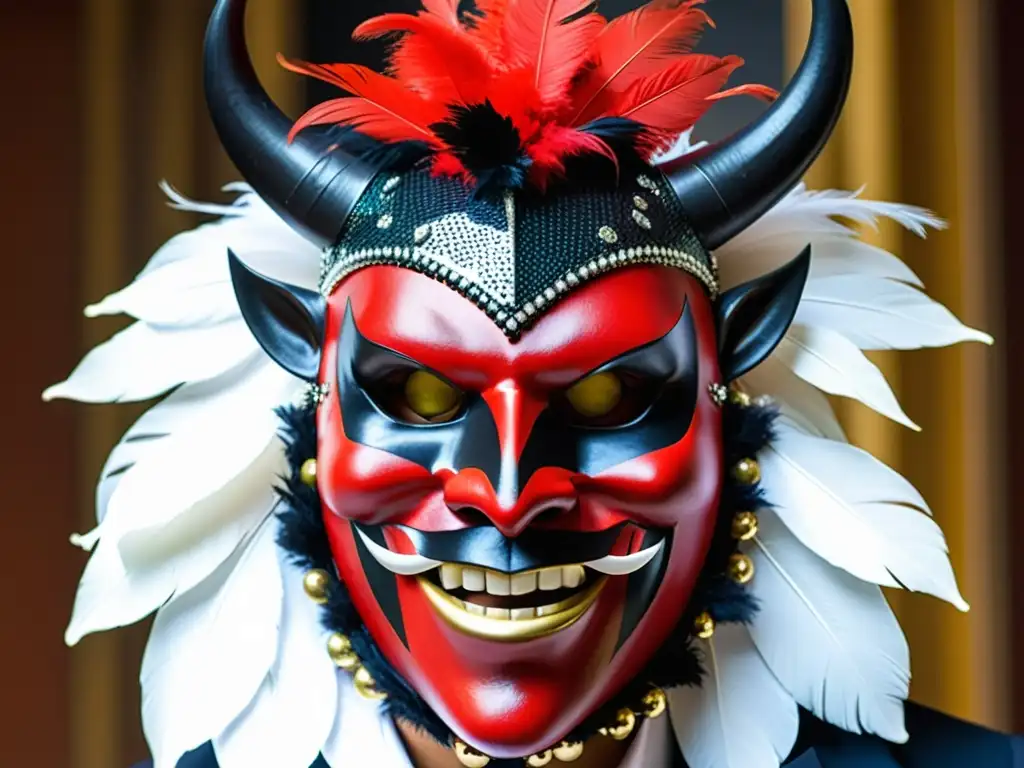 Danza de los Diablos de Corpus Christi en Panamá: Máscara diabólica tradicional con significado religioso, colores vibrantes y detalles intrincados