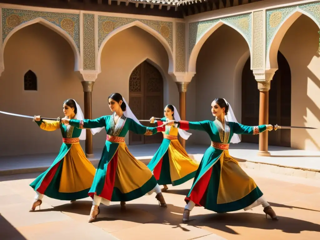 Danza de la Espada Persa significado: Grupo de bailarines persas ejecutando una danza sincronizada con espadas en un patio soleado, creando una hermosa exhibición de fluidez y precisión