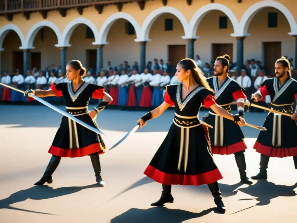 Danza de las Espadas Europea: Bailarines europeos en trajes tradicionales realizan la danza ritual con espadas, mostrando gracia, destreza y fuerza