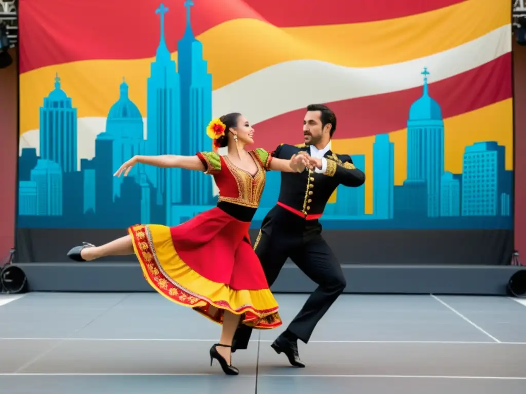 Danza española tradicional significado cultural: Grupo de bailarines en trajes coloridos realizando el fandango en un escenario urbano, fusionando lo tradicional con lo moderno