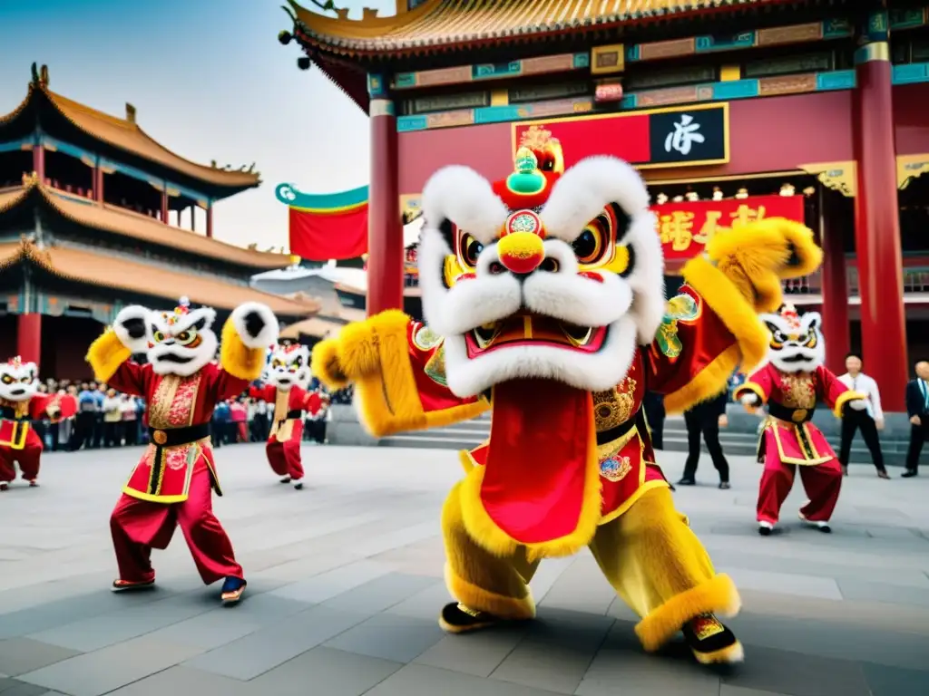 Danza del León Chino online: Espectacular actuación de danza del león en una bulliciosa plaza urbana, con trajes coloridos y movimientos dinámicos