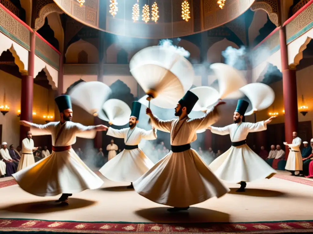 Danza sufí espiritual en Turquía: Derviches Giróvagos en trance, girando con gracia en un salón iluminado por incienso