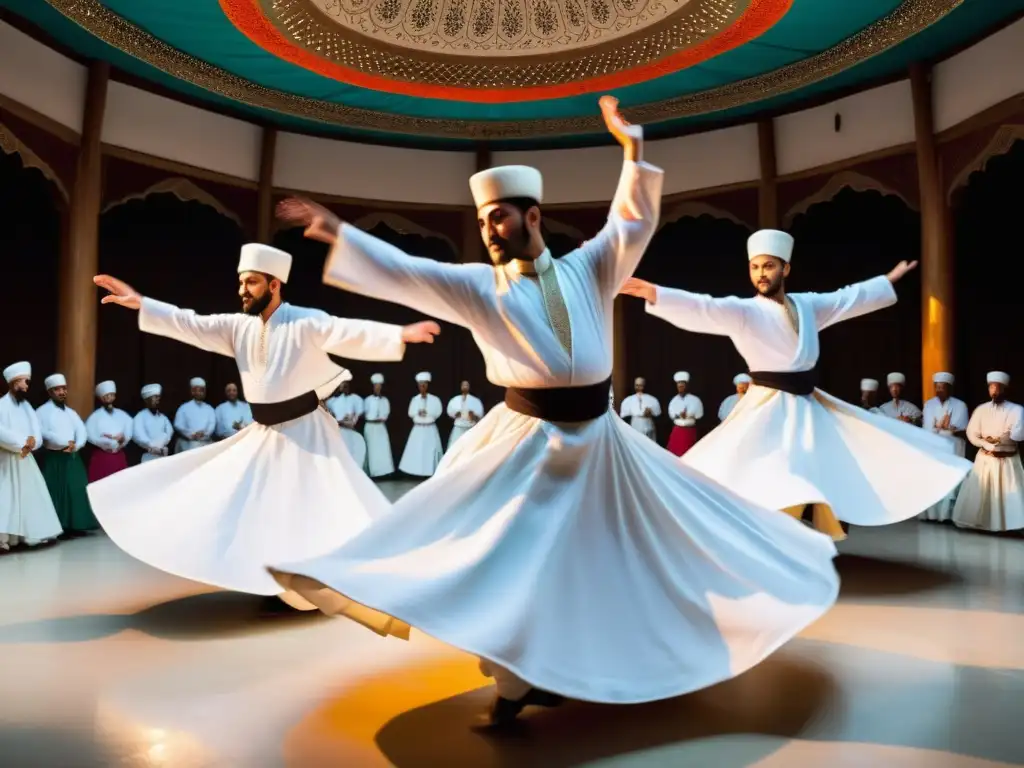 Danza espiritual de los Derviches Giróvagos en Turquía, con trajes blancos y coloridos en un ritual Sufi hipnótico