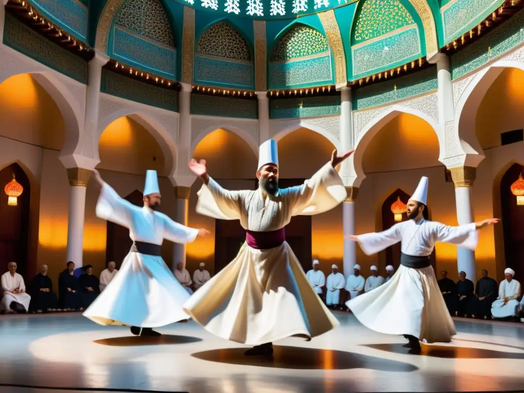 Danza sufí espiritual en Turquía: Derviches girando en trance, junto a una mezquita colorida