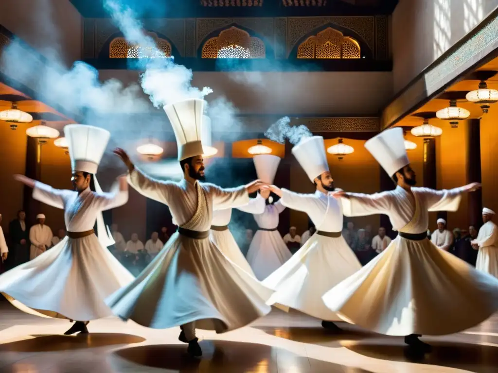 Danza sufí espiritual en Turquía: derviches girando en trance espiritual en una sala mística con incienso y decoración antigua