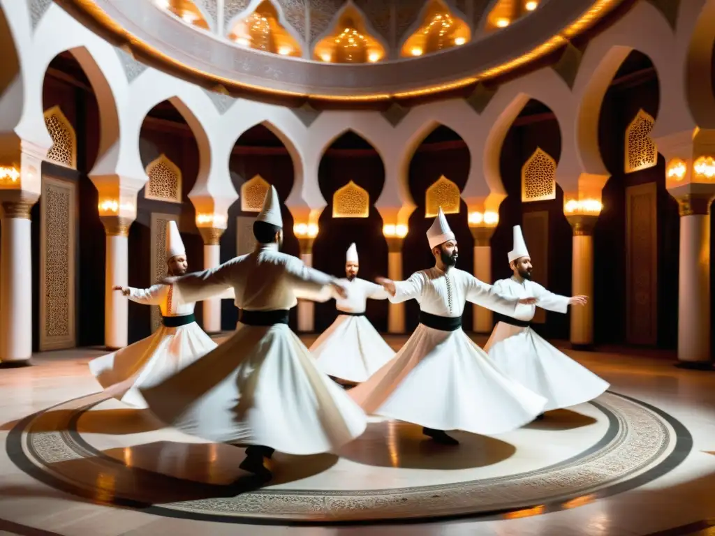 Danza sufí espiritual: Derviches girando en túnicas blancas, rodeados de patrones geométricos y música tradicional en Turquía