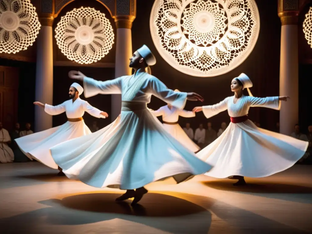 Danza sufí espiritual en Turquía: Grupo de Derviches Girovagos en trance, en una atmósfera mística y espiritual