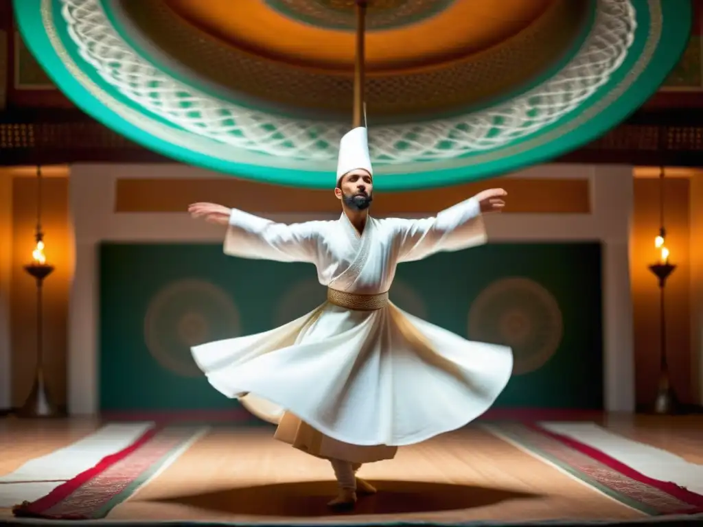 Danza sufí espiritualidad Turquía: Derviche gira elegantemente en una habitación ornamentada, creando un remolino místico con sus brazos extendidos