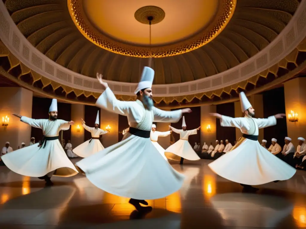 Danza sufí espiritualidad Turquía: Derviches girando en un salón ornado, vestidos de blanco, en un ambiente de reverencia y tradición