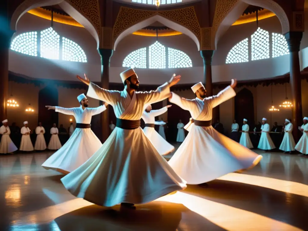 Danza sufí espiritualidad Turquía: Whirling Dervishes en trance, girando en elegante movimiento en un salón iluminado, exudando devoción y serenidad