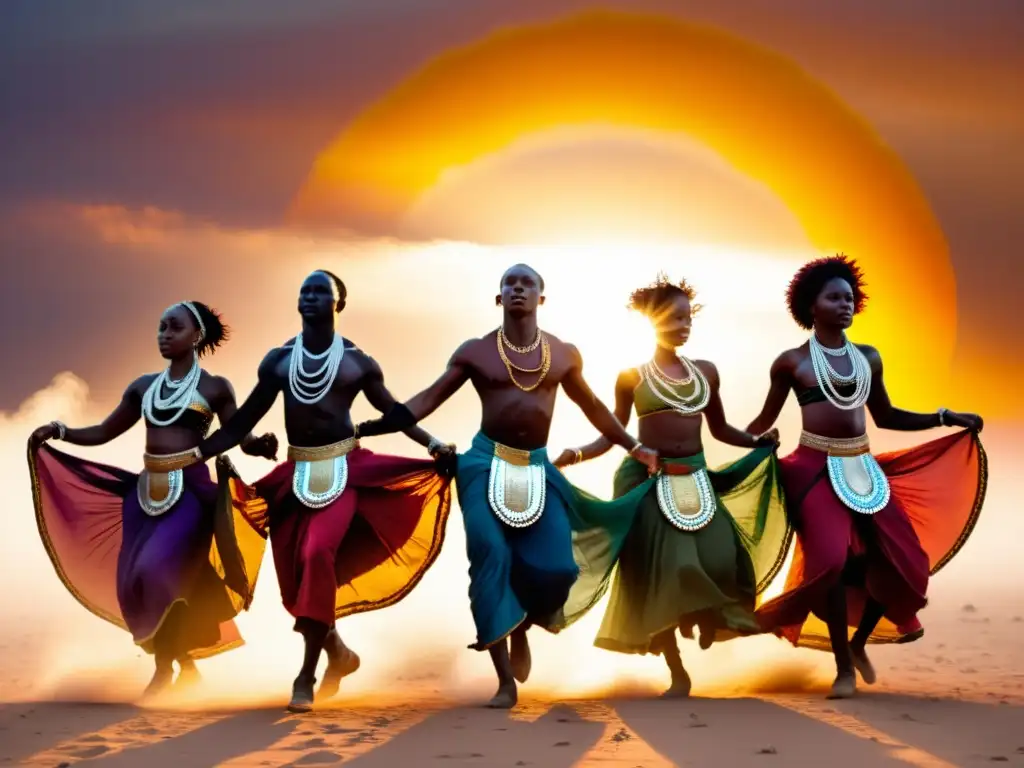 Danza del exilio diáspora africana: Grupo de bailarines africanos con trajes tradicionales en movimiento bajo la luz dorada del atardecer