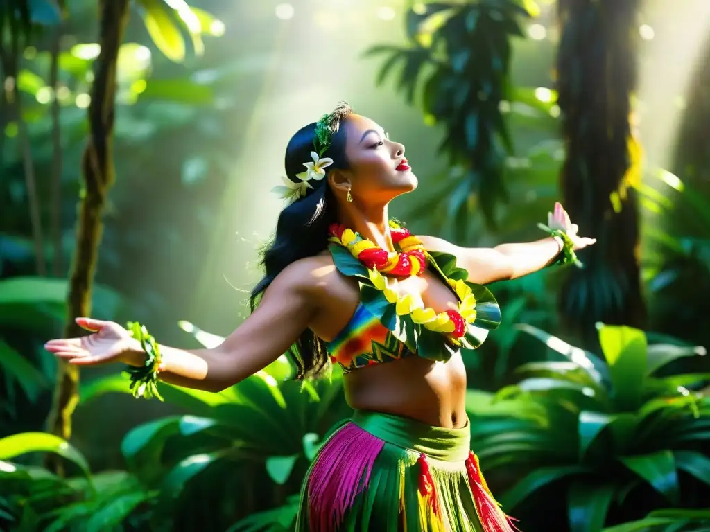 La danza hula en el exuberante bosque lluvioso de Hawái evoca el significado cultural de la Danza Hula Hawái