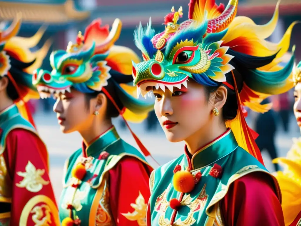 Exhibición de la danza del dragón en el Festival de Qingdao, con trajes vibrantes y movimientos dinámicos capturados en medio del baile