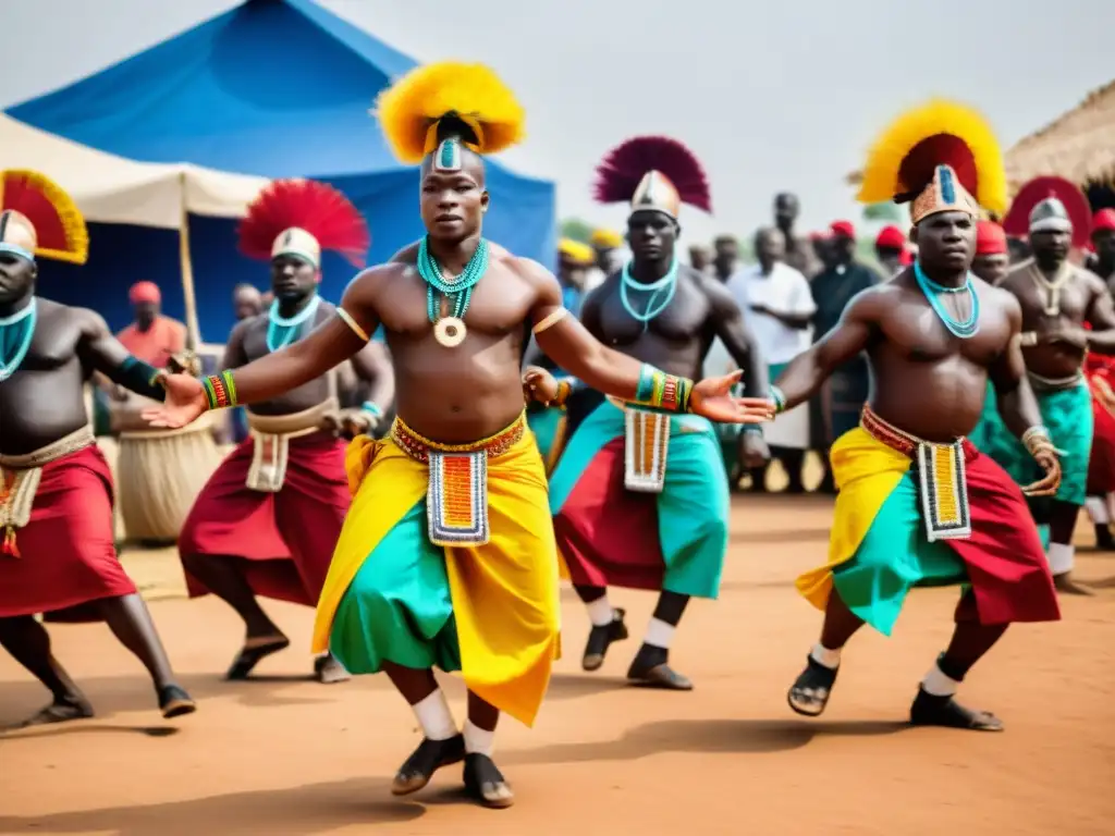 Danza Vudú en festival religioso de Benín: bailarines en trajes coloridos realizan un ritual, rodeados de energía y espectadores