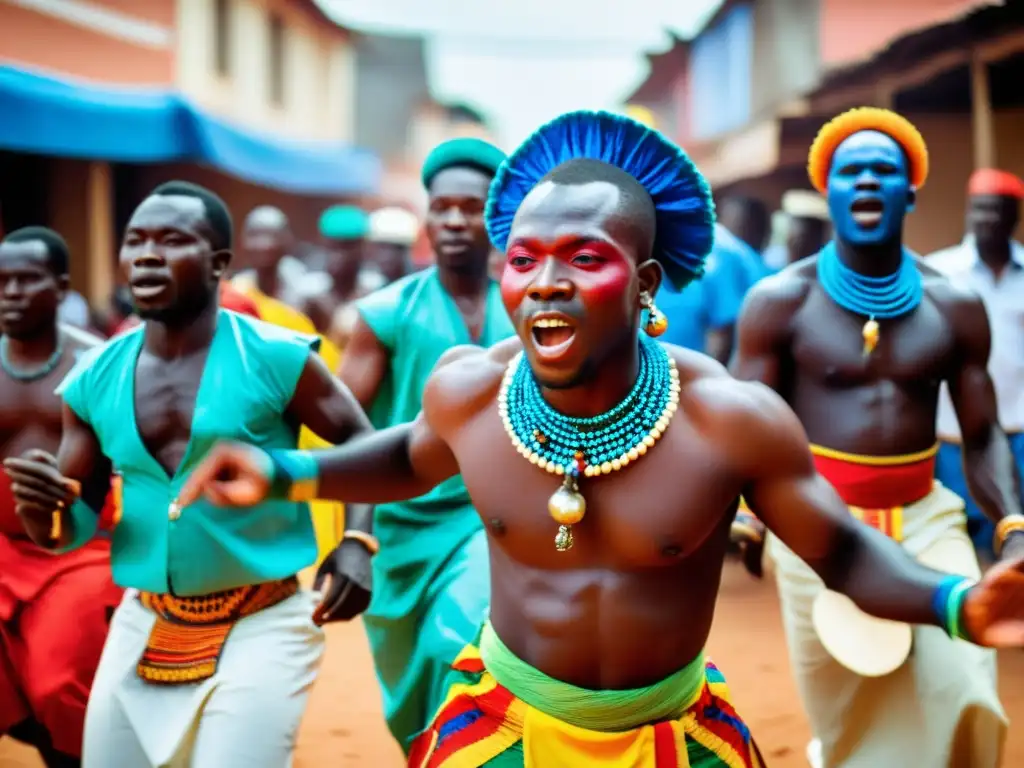 Danza Vudú en festivales religiosos de Benín: Practicantes visten trajes vibrantes, danzan con fervor en las calles