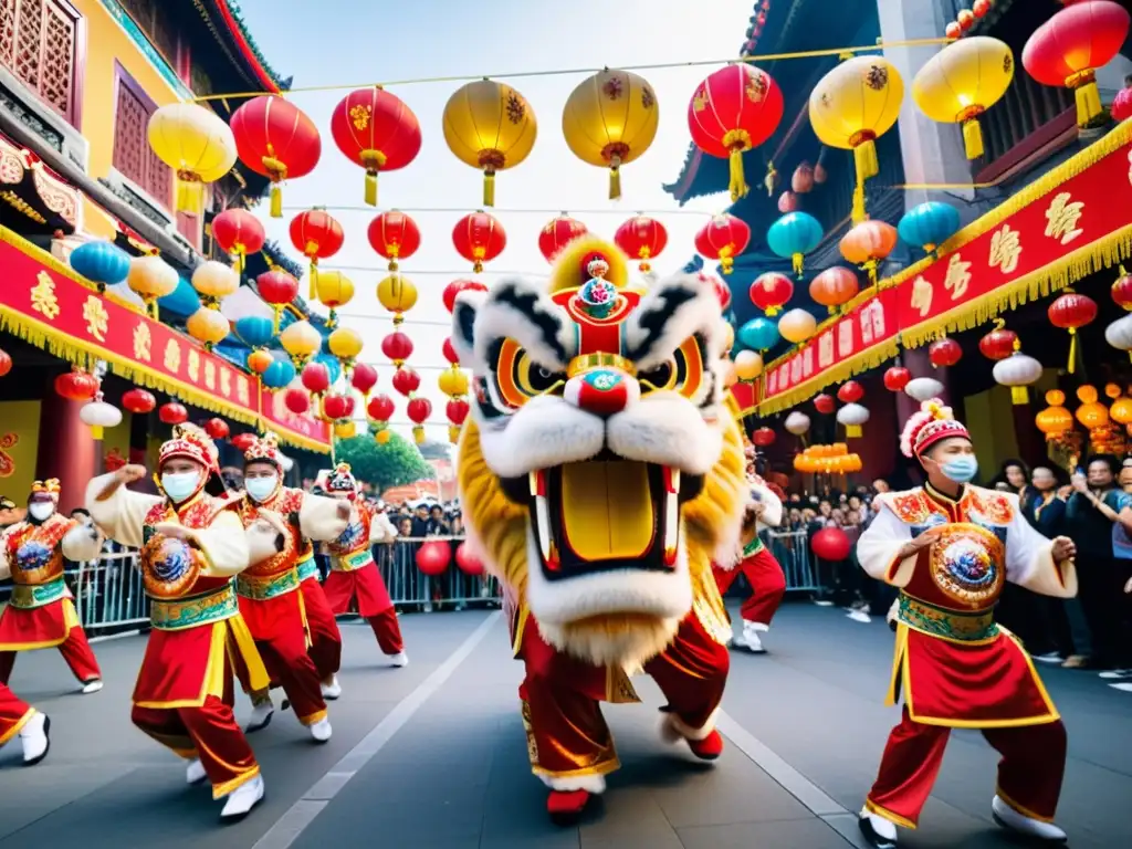 Danza en festividades del Año Nuevo Lunar: Coloridos leones danzantes cautivan a la multitud en la bulliciosa calle asiática