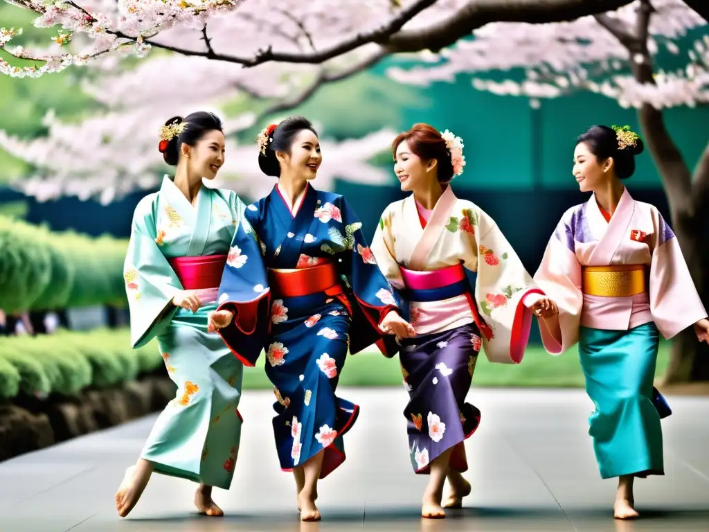 Danza folclórica Yosakoi Japón: Grupo de bailarines vibrantes en yukatas tradicionales, realizando la enérgica danza Yosakoi bajo los cerezos en flor