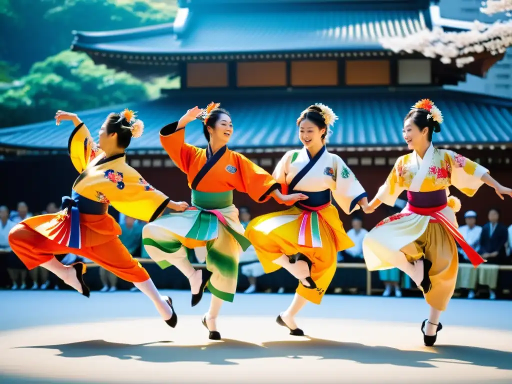 Danza folclórica Yosakoi Japón: Grupo de bailarines en vibrantes trajes tradicionales, congelados en una pose dinámica en pleno festival japonés