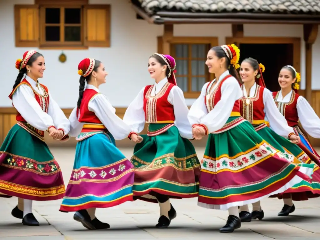 Danza folclórica búlgara en vibrante horo, con vestimenta tradicional y técnicas pedagógicas para aprender