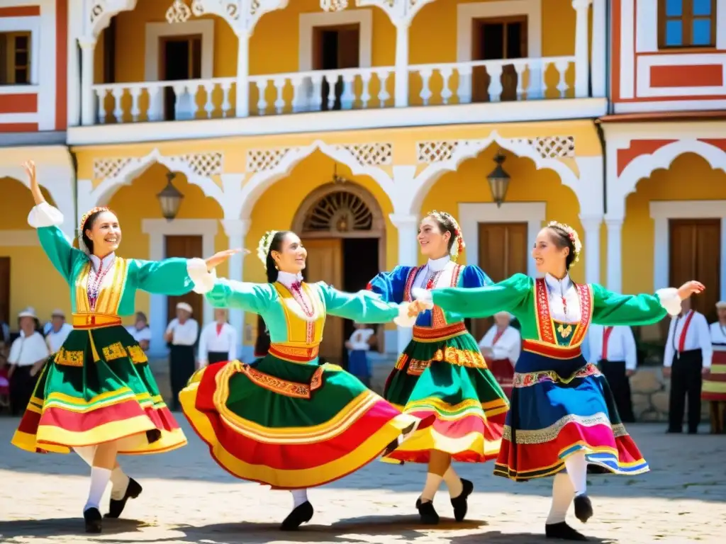 Danza folclórica en Europa del Este: Coloridos bailarines tradicionales realizan una animada danza sincronizada en una plaza soleada, rodeados de arquitectura ornamental y exuberante vegetación