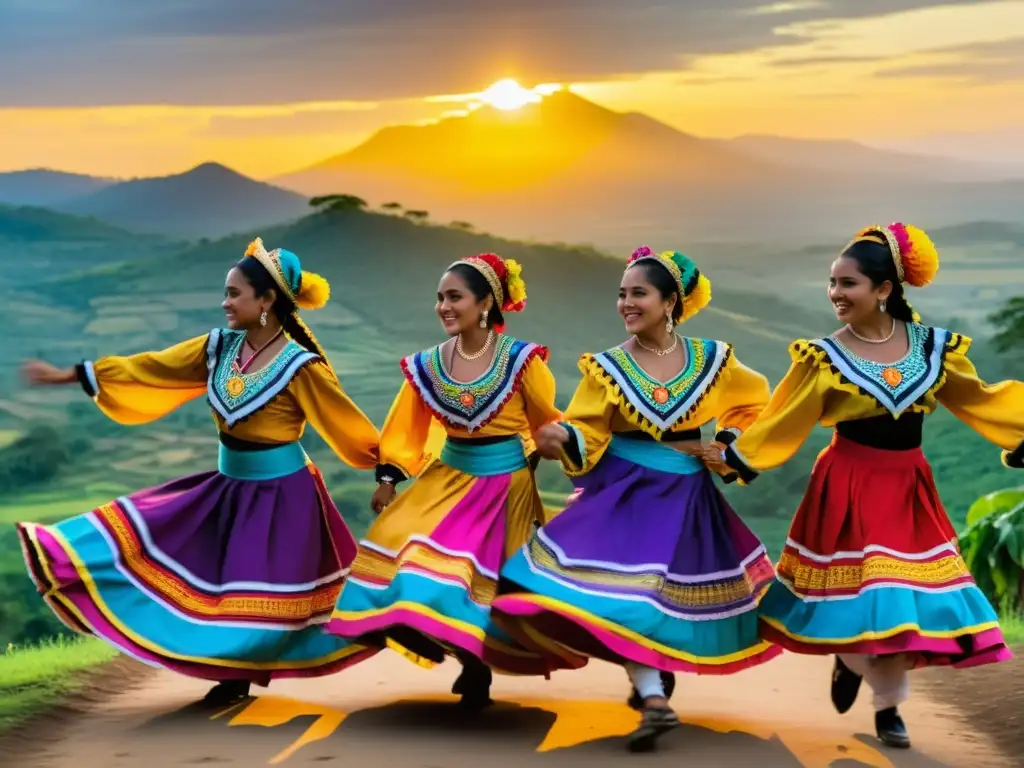 Danza folclórica nicaragüense: coloridos trajes, expresiva danza y celebración cultural en un paisaje rural al atardecer