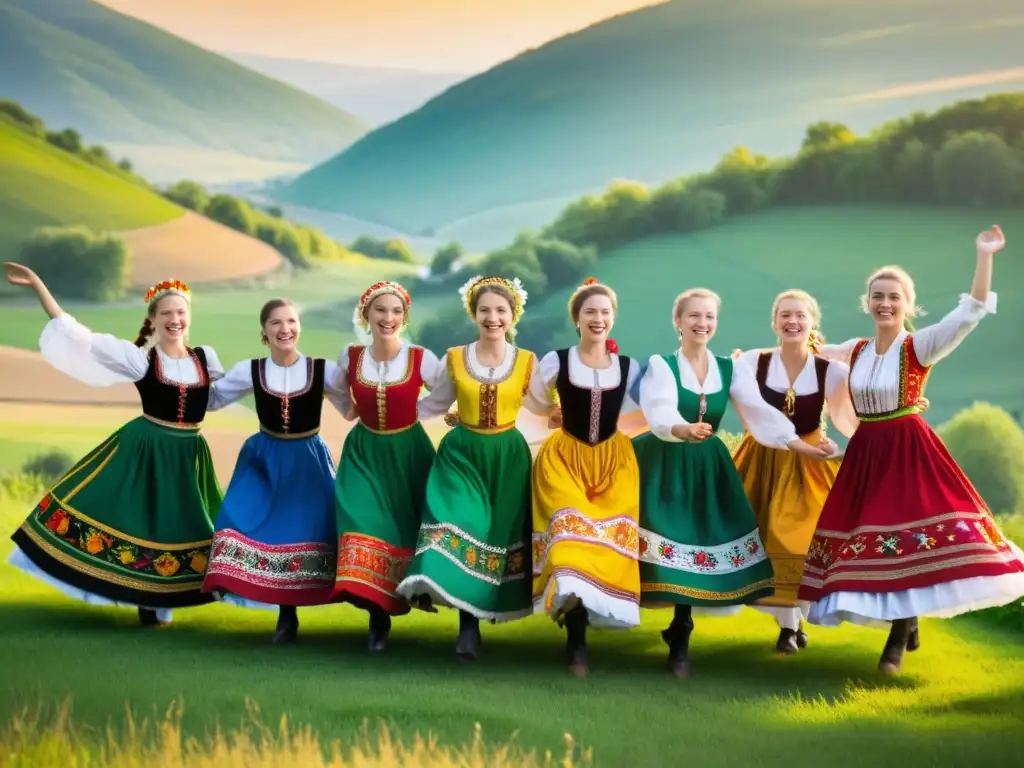 Danza folclórica en Europa del Este: Grupo de bailarines vibrantes en trajes tradicionales, unidos en círculo, disfrutando de una danza alegre y enérgica en un paisaje rural pintoresco