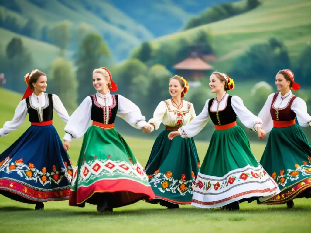 Danza folclórica en Europa del Este: Grupo de bailarines con trajes tradicionales giran en un festival al aire libre, expresando alegría y pasión