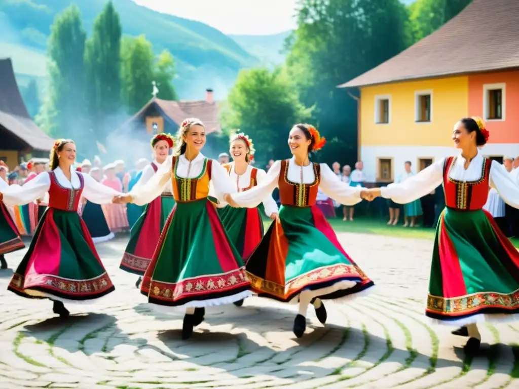 Danza folclórica en Europa del Este: Grupo de bailarines vistiendo trajes tradicionales, girando en una danza circular en festival folclórico