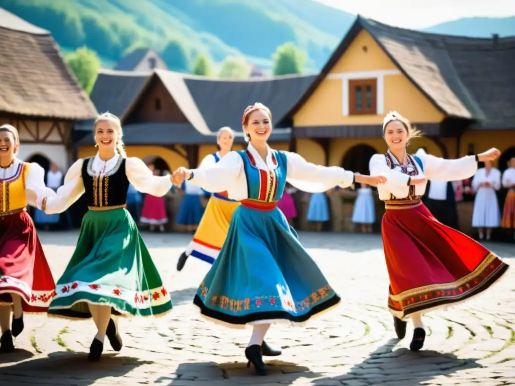 Danza folclórica en Europa del Este: Grupo de bailarines en trajes tradicionales, celebrando con energía y gracia en una plaza pintoresca