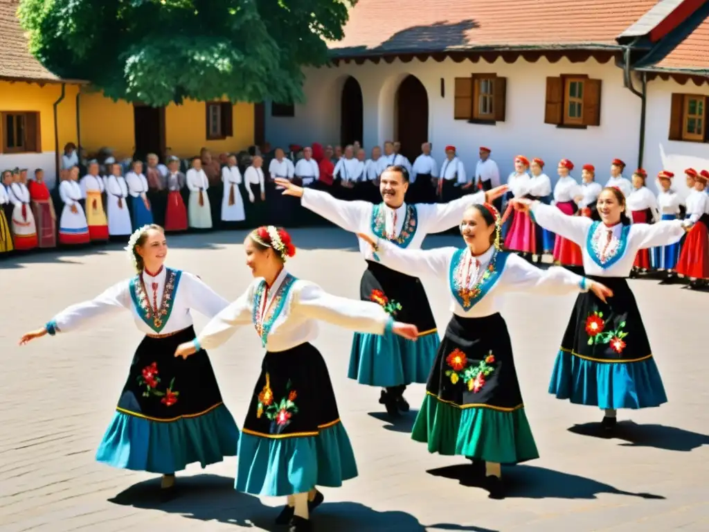 Danza folclórica en Europa del Este: Grupo de bailarines tradicionales con trajes vibrantes, danzando en la plaza del pueblo al atardecer