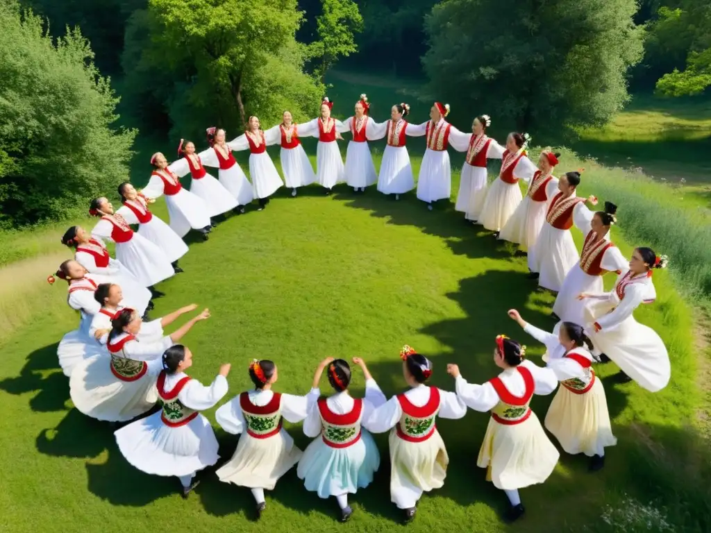 Danza folclórica en Europa del Este: Grupo de bailarines en trajes vibrantes realizando danza tradicional en el bosque