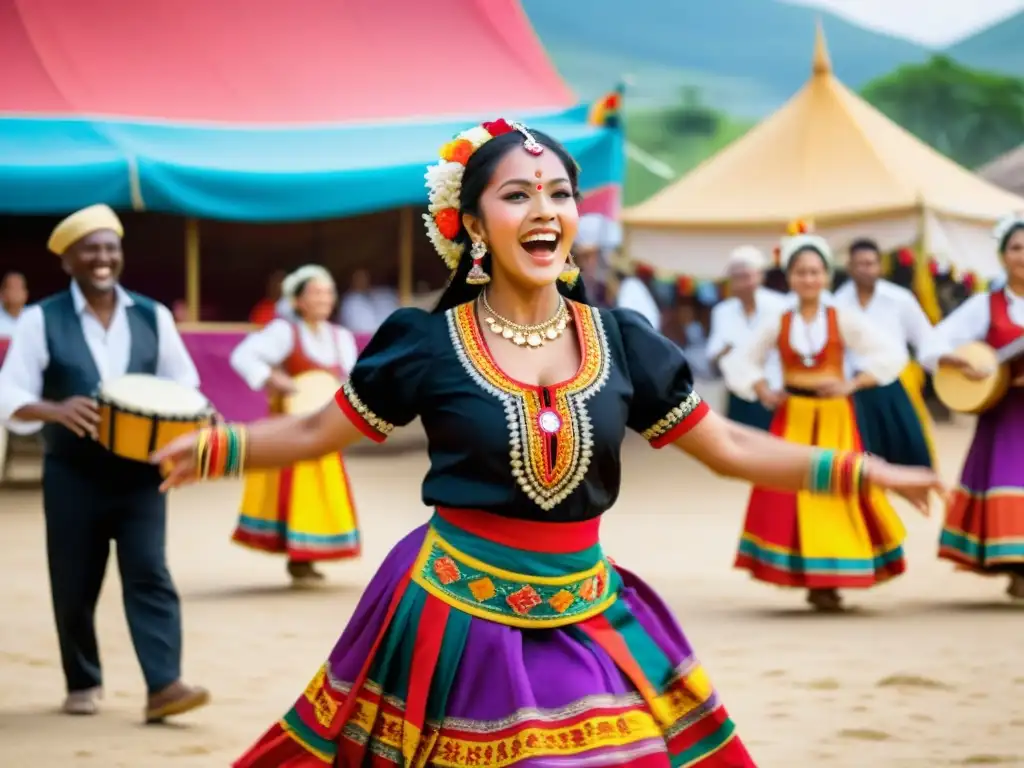 Una danza folclórica llena de color y energía en un festival de pueblo, con aplicaciones interactivas aprender danzas tradicionales