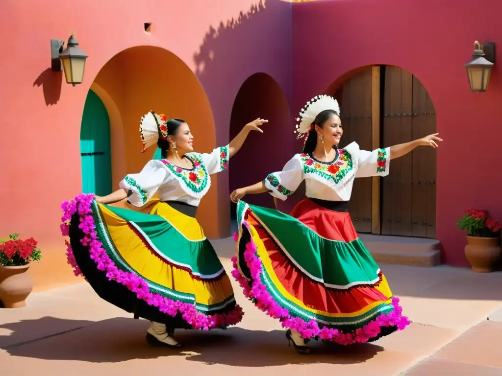 Evolución de la danza folclórica mexicana: Coloridos bailarines ejecutan danza tradicional con gracia y alegría en un patio soleado