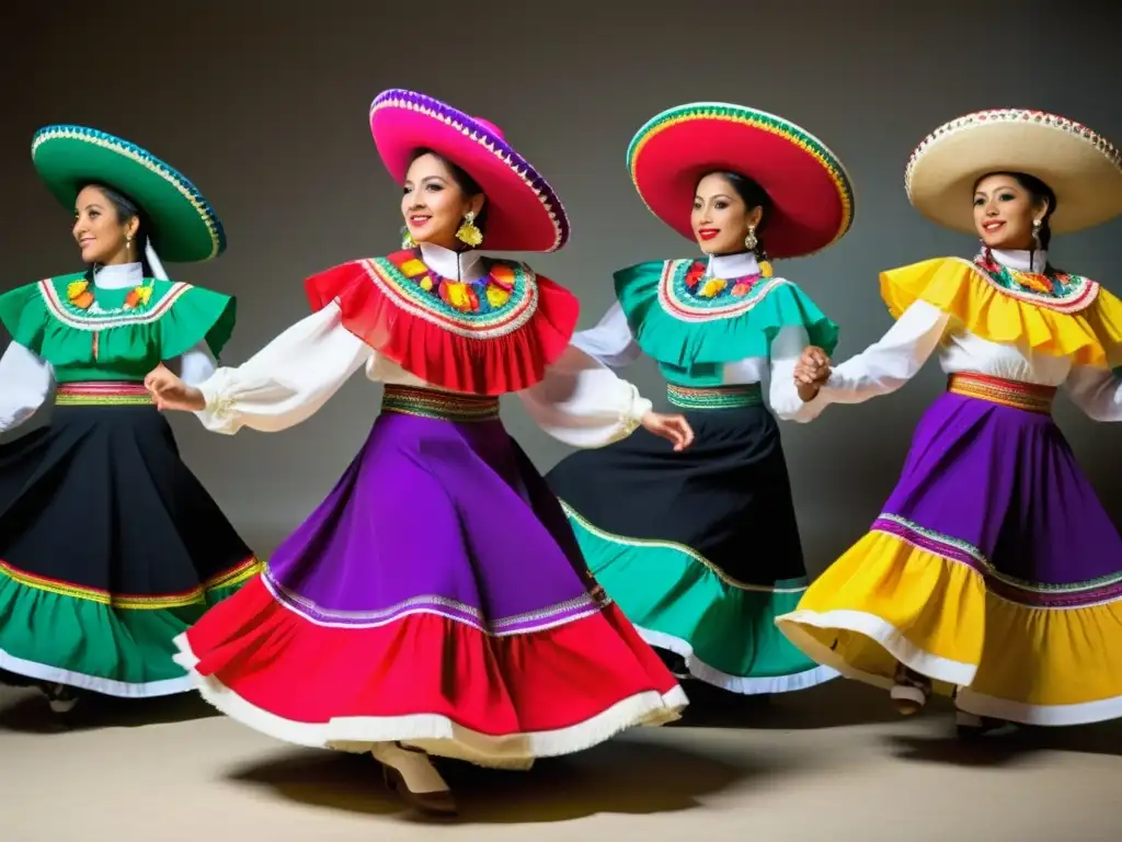 Danza folclórica mexicana renovada: grupo energético de bailarines folclóricos en trajes vibrantes, fusionando lo tradicional con lo moderno