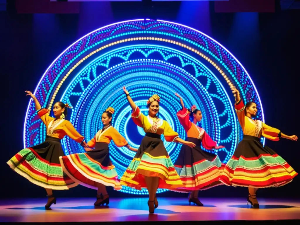 Danza folclórica mexicana renovada: Grupo de bailarines en trajes coloridos sobre un escenario neón con patrones digitales vibrantes