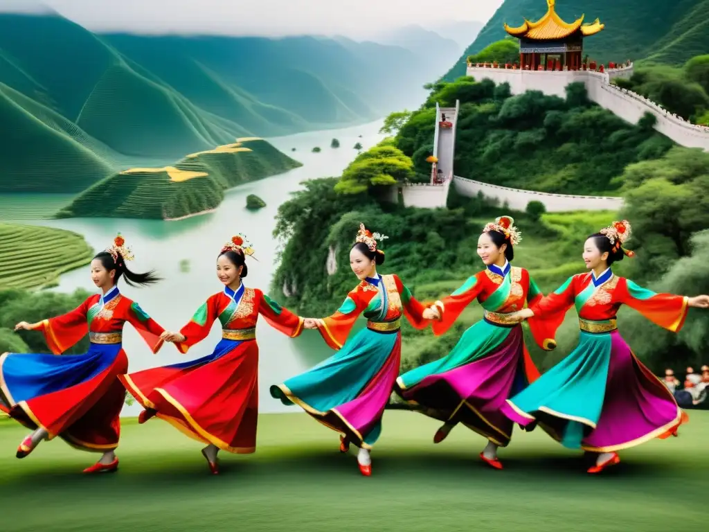 Danza folklórica china: coloridos trajes tradicionales, movimientos gráciles y paisaje exuberante transmiten significado cultural