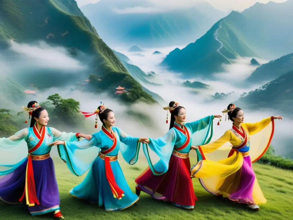 Danza folklórica china con significado cultural: bailarines en trajes coloridos realizan una danza sincronizada en un paisaje de montaña neblinoso