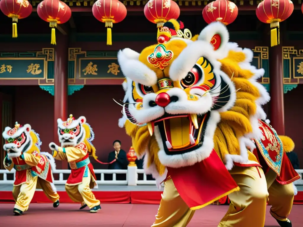 Danza folklórica china con vibrantes trajes de león rojo y dorado, movimientos sincronizados y energía cultural palpable