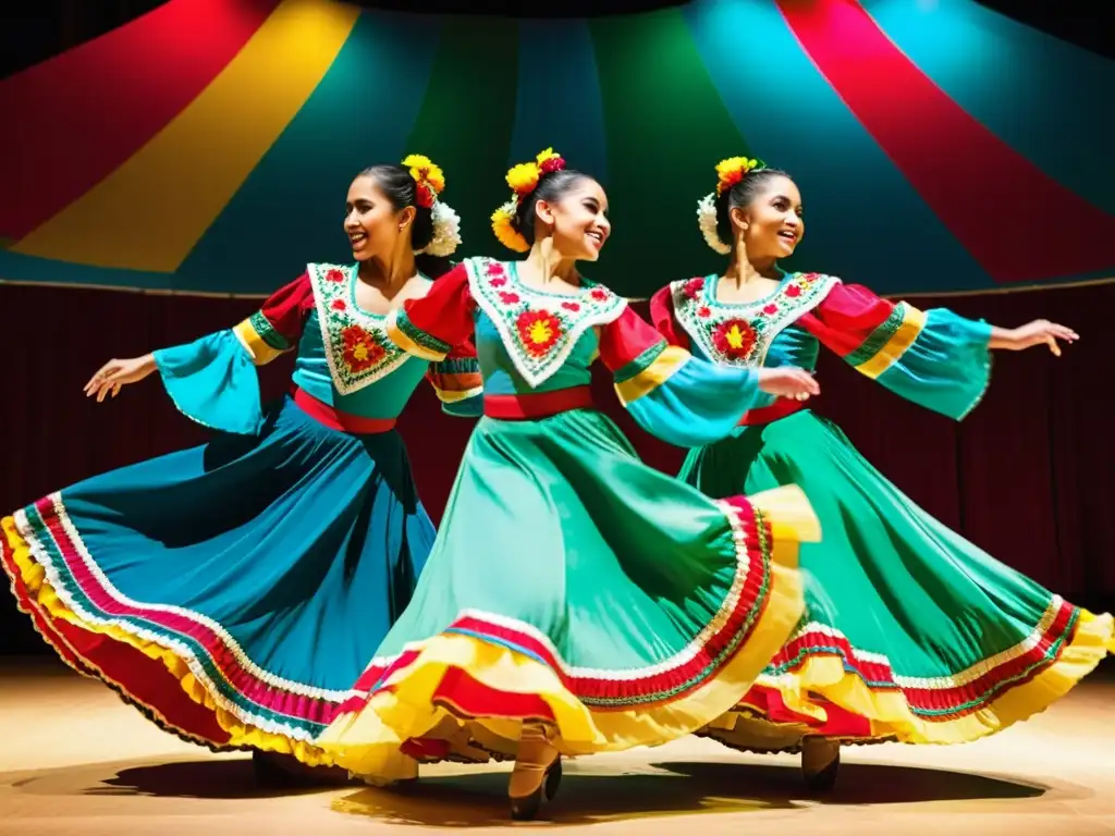 Danza folklórica mexicana en vibrantes trajes tradicionales durante una presentación en el escenario