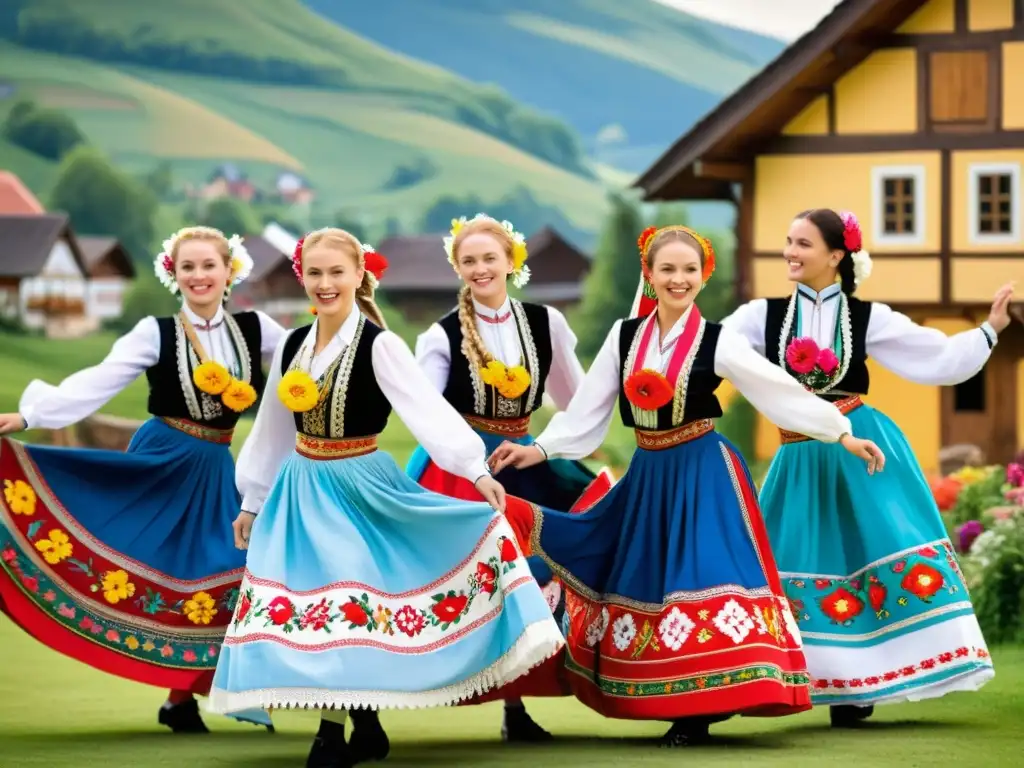Danza folclórica europea: colores y energía Danza folklórica en trajes de Europa del Este, coloridos y vibrantes, en un escenario campestre pintoresco