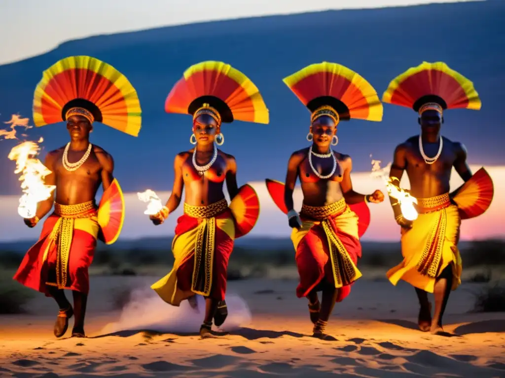 Danza del Fuego en África: Tribu africana ejecuta hipnótica danza nocturna bajo el resplandor de las llamas y la sabana africana