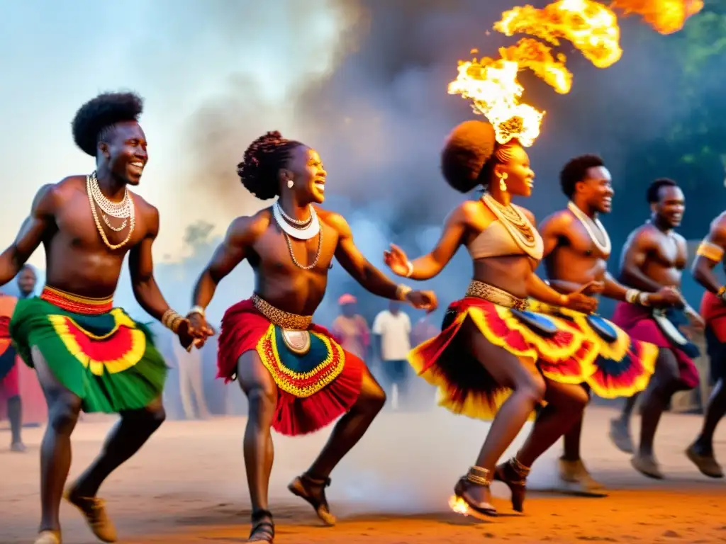 Danza del Fuego en África: Bailarines africanos saltando y girando alrededor de una fogata en una ceremonia llena de pasión y energía ancestral