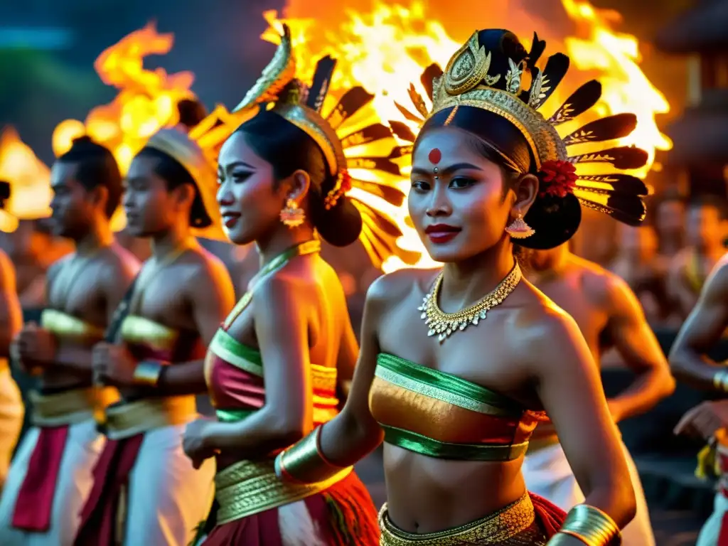 Danza del fuego en Bali: Bailarines balineses realizan la tradicional danza Kecak alrededor de un fuego ardiente, envueltos en coloridos trajes