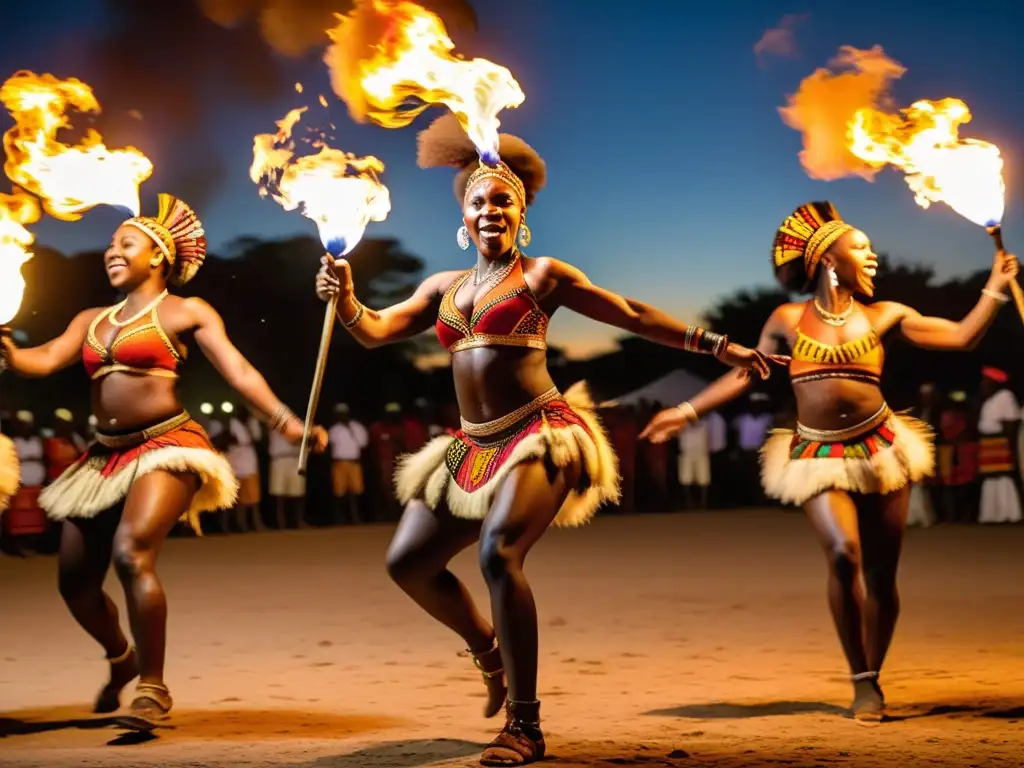 Danza del Fuego en África: Bailarines tribales africanos, ataviados con trajes tradicionales coloridos, danzan alrededor de una fogata, mientras el humo se entrelaza con sus movimientos