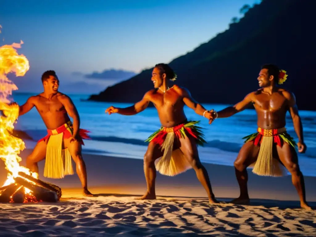 Danza del Fuego de Fiyi: Grupo de bailarines fijianos en trajes tradicionales realizan una danza alrededor de una fogata en la playa, bajo la luna