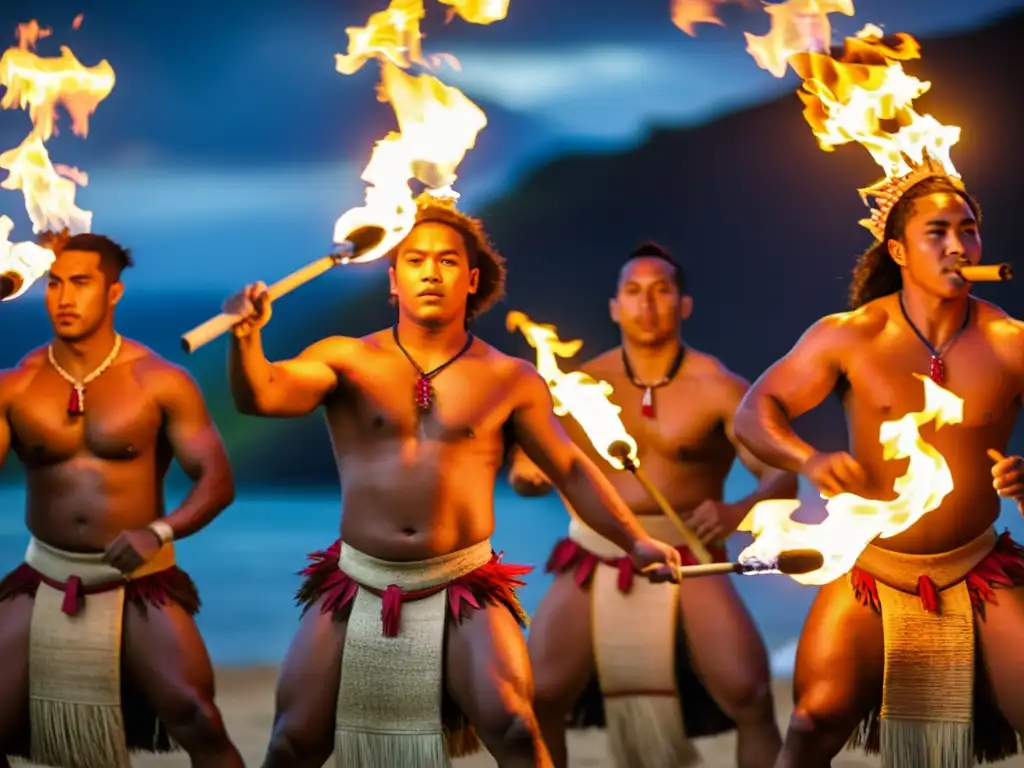 Danza del fuego Samoano en el Festival Teuila: danzantes con trajes vibrantes manipulan el fuego en una atmósfera cautivadora